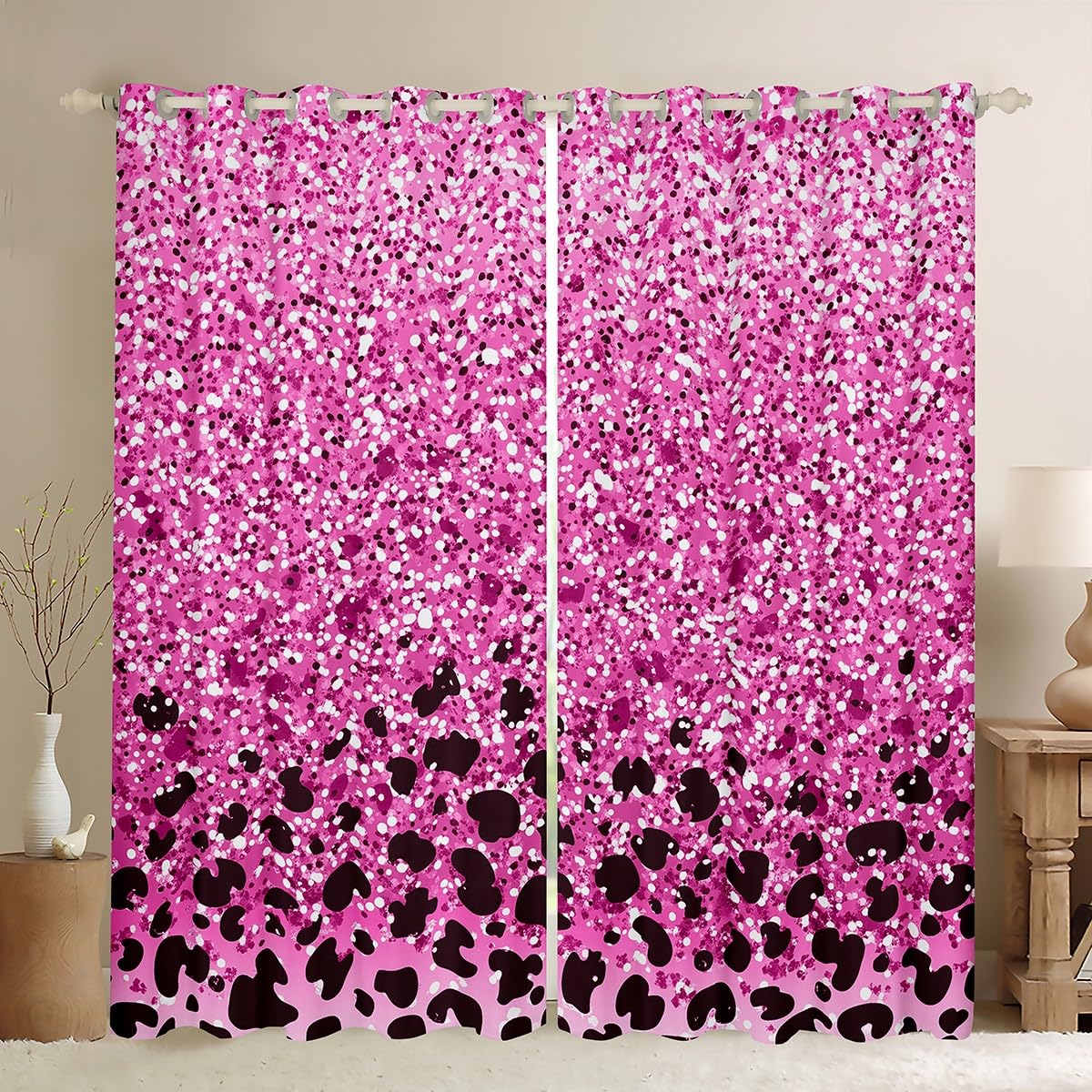 Amazon｜城の妖精 ピンク ヒョウ柄カーテン きらめくきらきらきらきら